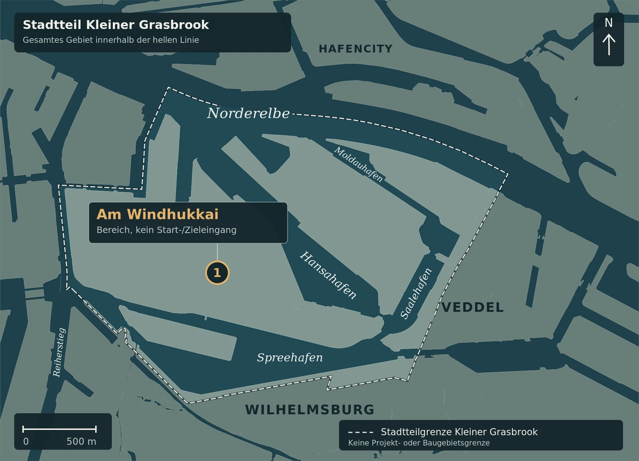 Orientierungskarte mit Am Windhukkai als ungefährem Bereichsmarker 1 und der Stadtteilgrenze Kleiner Grasbrook. Kein Eingang, Streckenverlauf oder Sperrbereich.