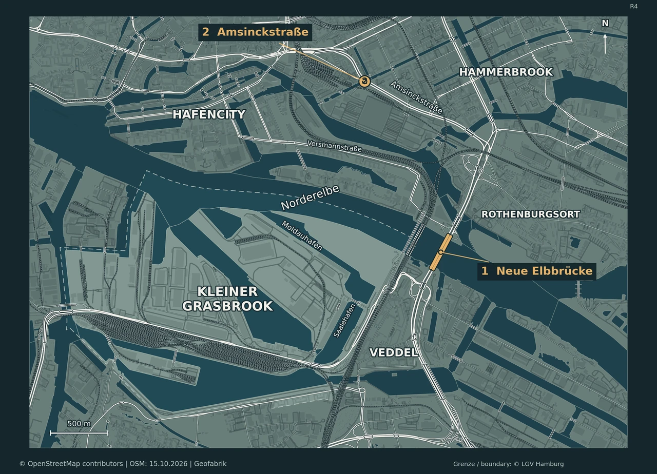 Nordorientierte Straßenkarte vom Kleinen Grasbrook und der Veddel bis zur Amsinckstraße. Gold markiert die Neue Elbbrücke als Ort 1 und den Bereich Amsinckstraße/Lippeltstraße als Ort 2. Eingezeichnet sind Straßen, Bahnstrecken, Gewässer und die amtliche Stadtteilgrenze.