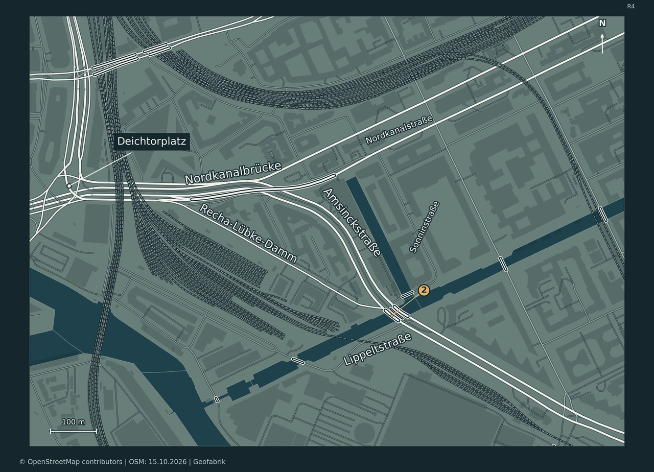 Straßendetail mit Deichtorplatz im Nordwesten, Nordkanalbrücke und der gebogenen Amsinckstraße. Der Recha-Lübke-Damm verläuft daneben und mündet im Bereich der Markierung 2 in die Amsinckstraße. Die Lippeltstraße ist südlich davon beschriftet.