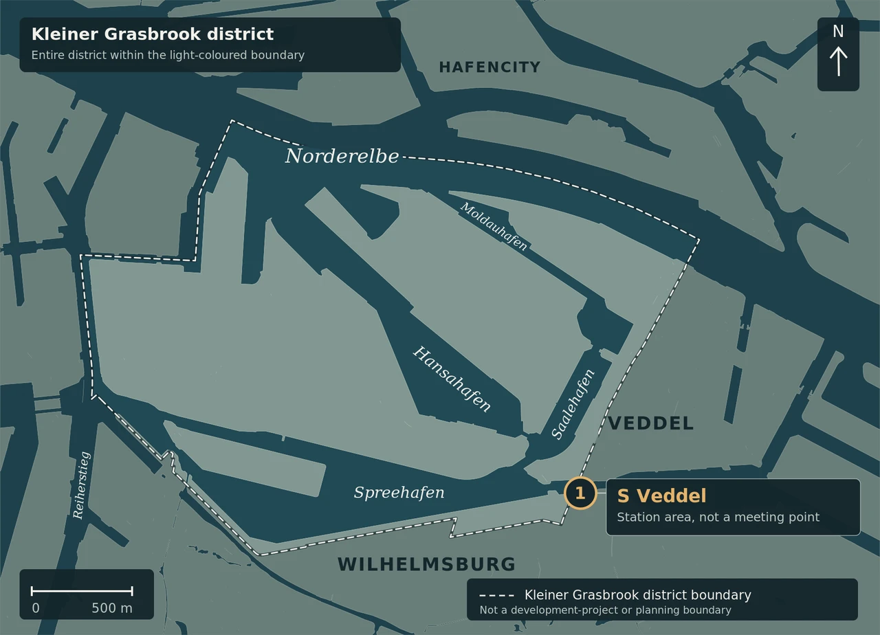 North-up map of Kleiner Grasbrook with its district boundary and S Veddel as marker 1. No tour route or exact meeting point.