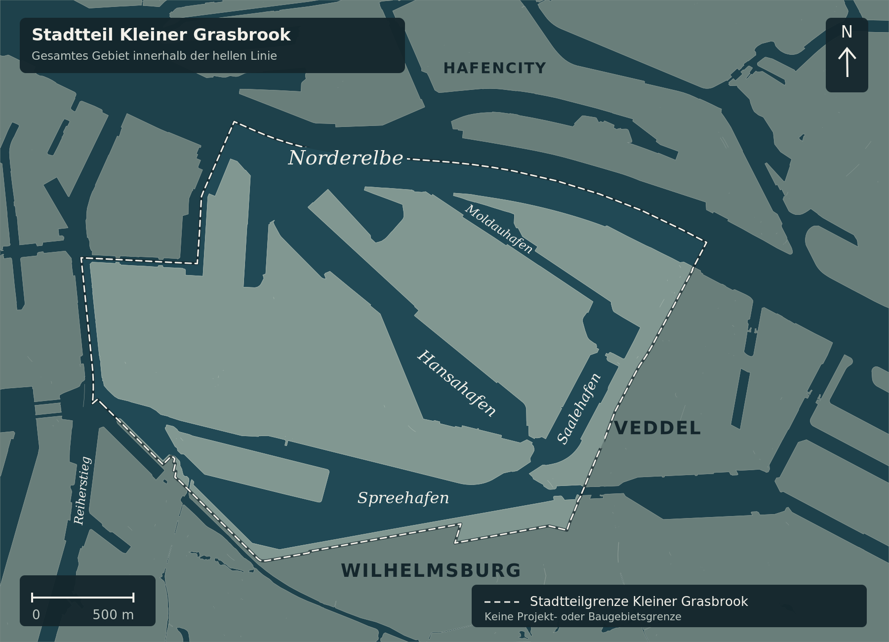 Nordorientierte Karte mit dem gesamten Stadtteil Kleiner Grasbrook innerhalb einer hellen gestrichelten Verwaltungsgrenze. Die Umgrenzung umfasst mehrere Landflächen und Hafenbecken. Nachbarstadtteile sind abgedunkelt. Keine Projekt- oder Baugebietsgrenze.