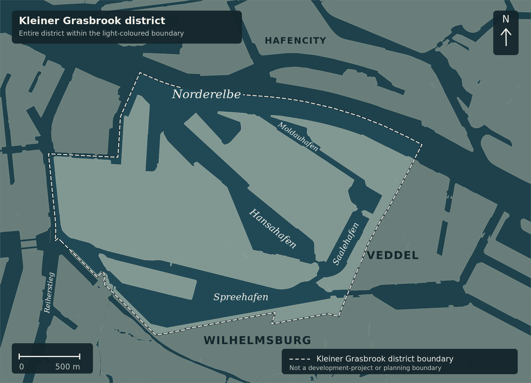 North-up map of the entire Kleiner Grasbrook district within a light dashed administrative boundary, including several land areas and harbour basins. Surrounding districts are dimmed. No development-project or planning boundary.