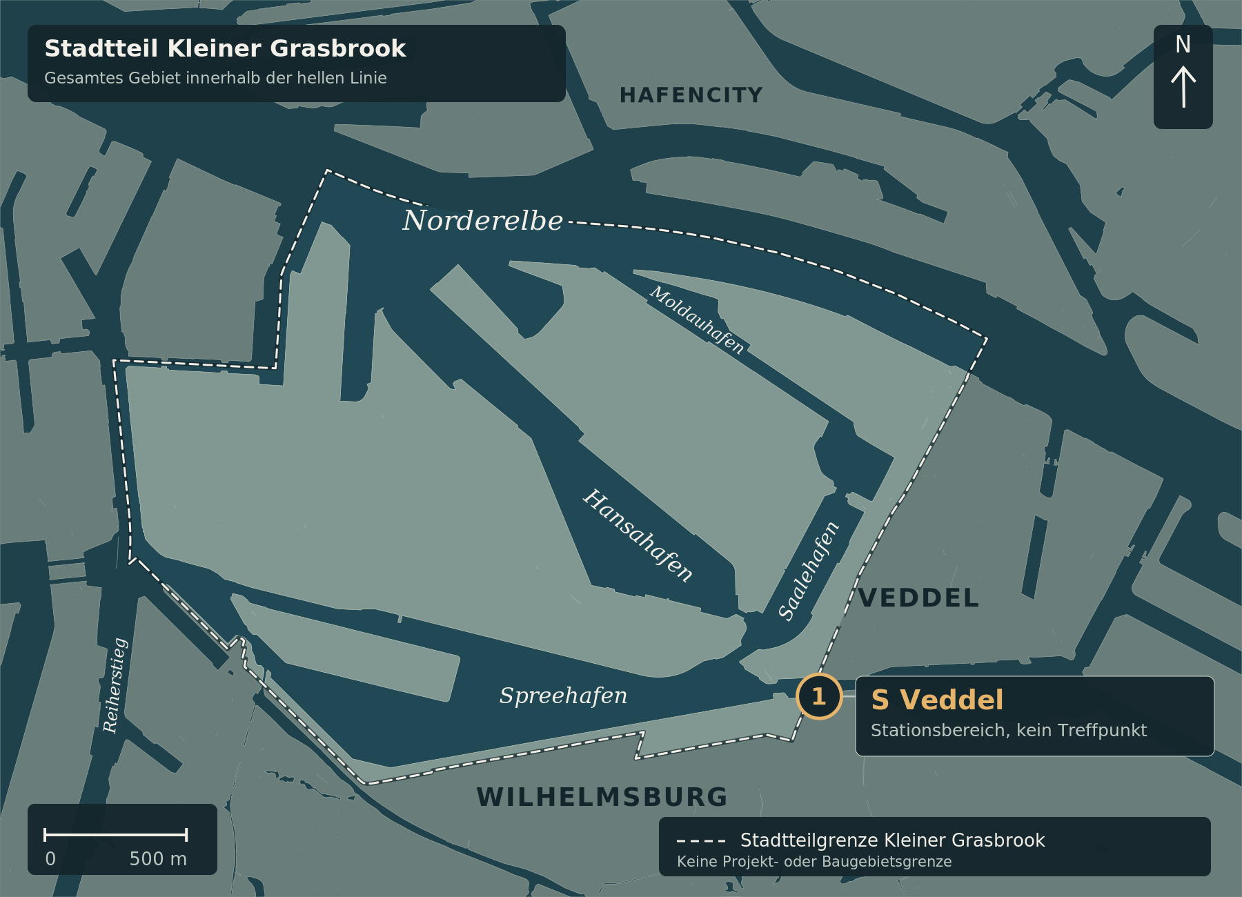 Nordorientierte Karte des Kleinen Grasbrooks mit Stadtteilgrenze und S Veddel als Marker 1. Keine Führungsroute oder genaue Treffpunktmarkierung.