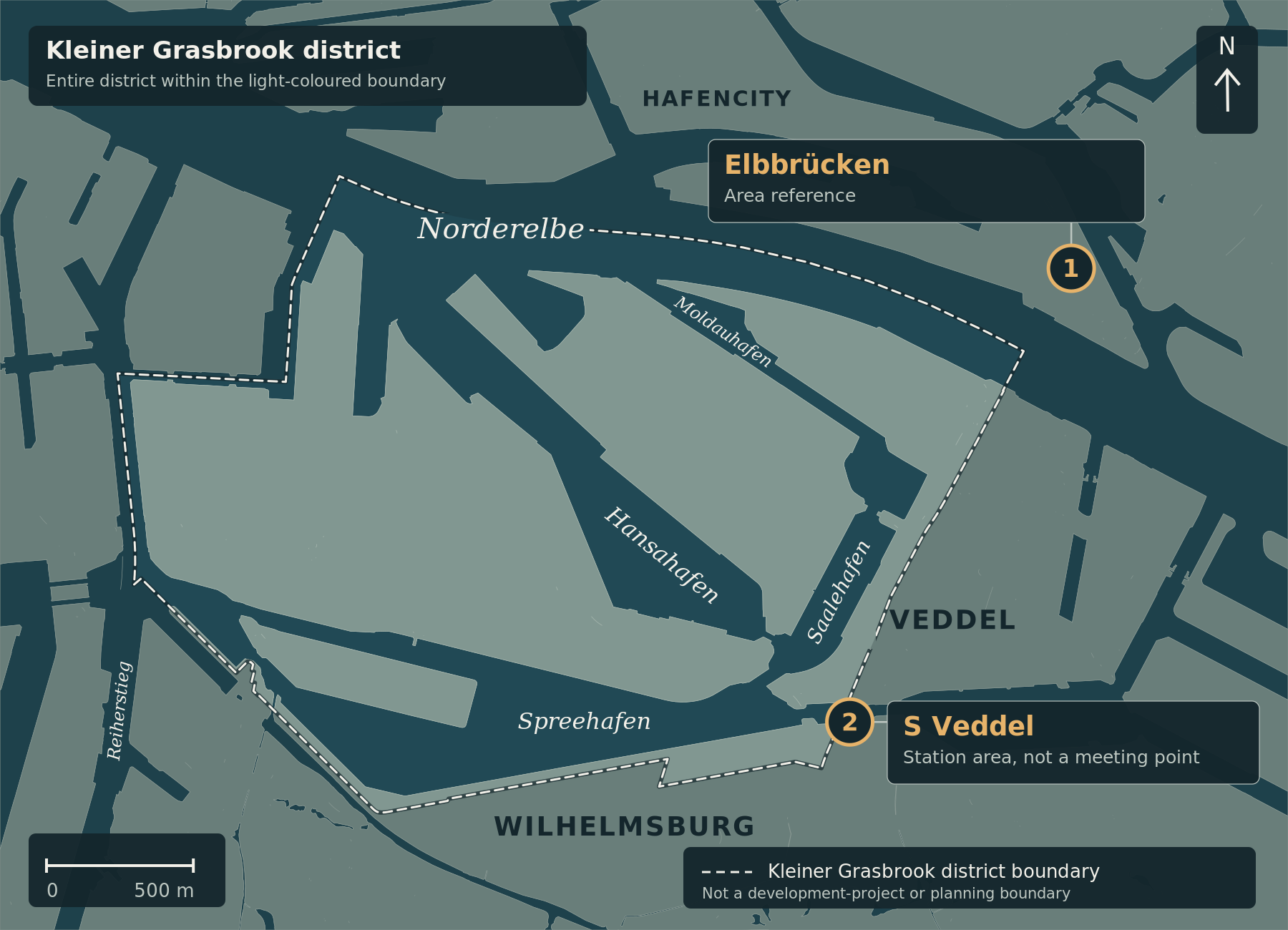 Map showing the Elbbrücken orientation area (1), S Veddel (2) and the Kleiner Grasbrook district boundary. No new bridge alignment.