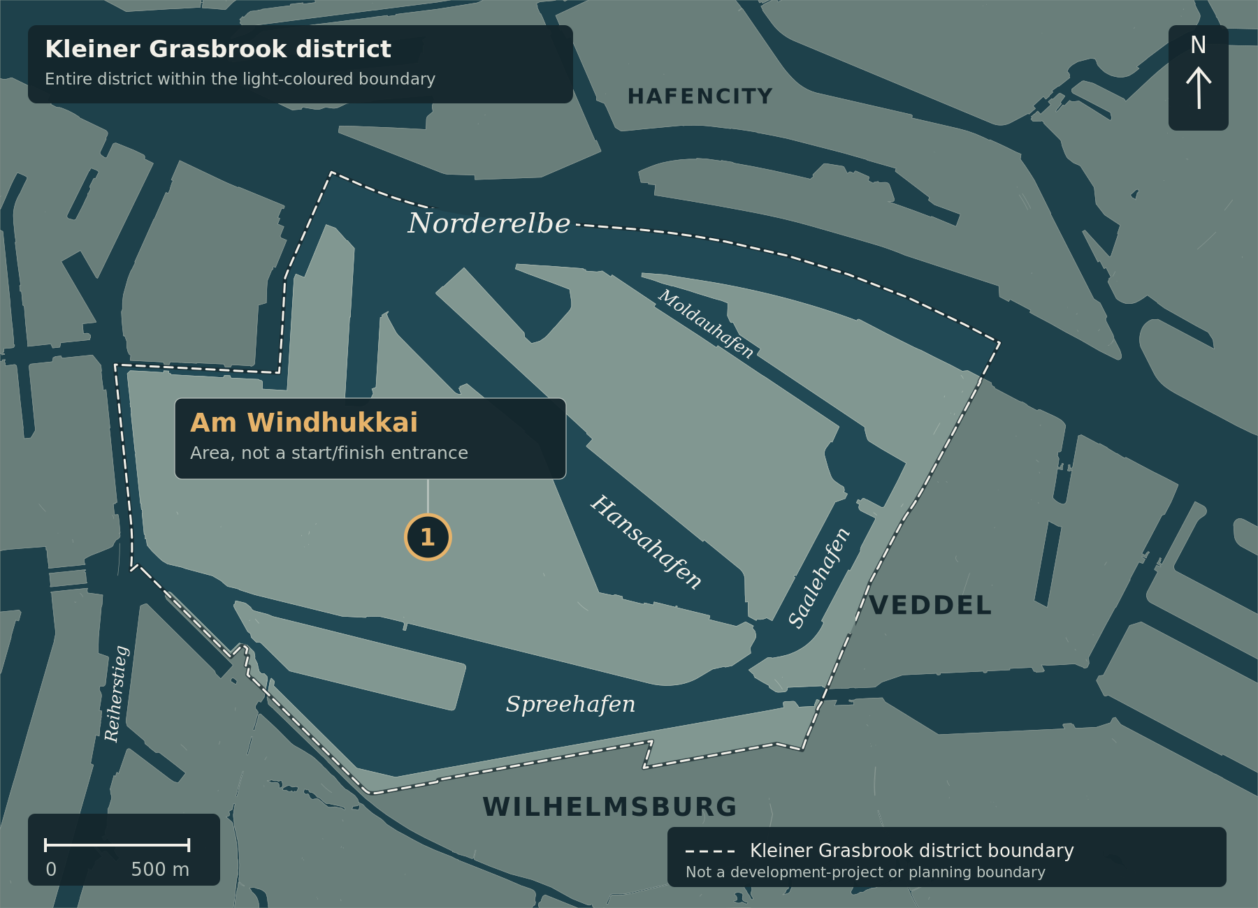 Orientation map with Am Windhukkai as approximate area marker 1 and the Kleiner Grasbrook district boundary. No entrance, race course or closure area.