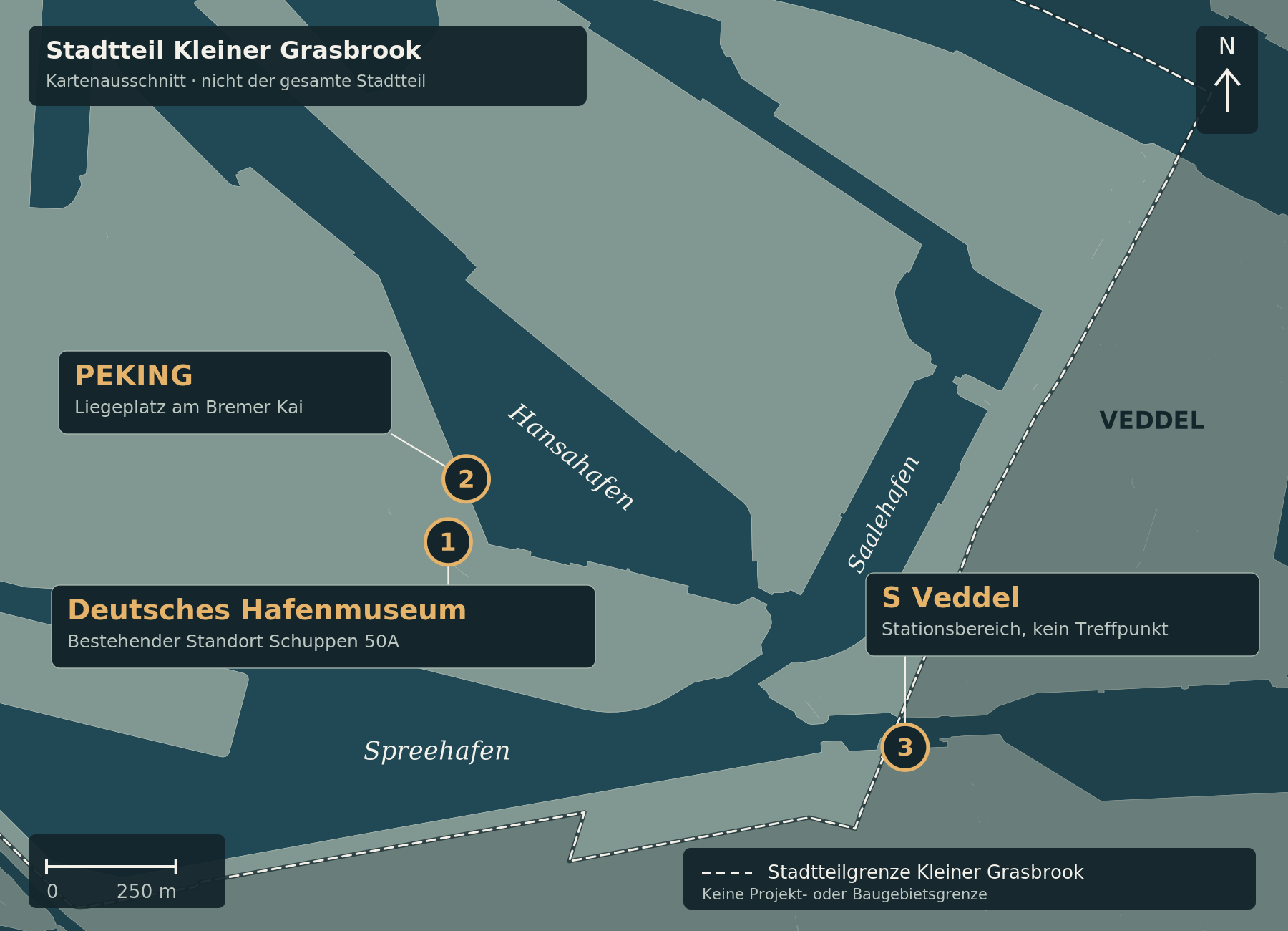 Kartenausschnitt mit Stadtteilgrenze des Kleinen Grasbrooks sowie bestehendem Hafenmuseum, PEKING und Stationsbereich S Veddel. Der gesamte Stadtteil reicht über den Ausschnitt hinaus. Keine Rundgangsroute, kein genauer Treffpunkt und kein geplanter Museumsstandort.