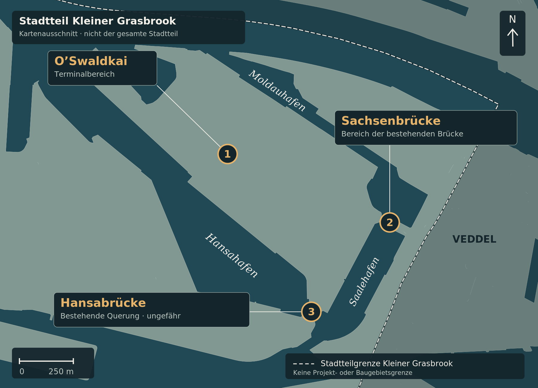 Kartenausschnitt des Kleinen Grasbrooks mit amtlicher Stadtteilgrenze und unveränderten Markierungen für O’Swaldkai, bestehende Sachsenbrücke und Hansabrücke. Der Stadtteil reicht über diesen Ausschnitt hinaus. Keine neue Straßentrasse oder Projektgrenze.