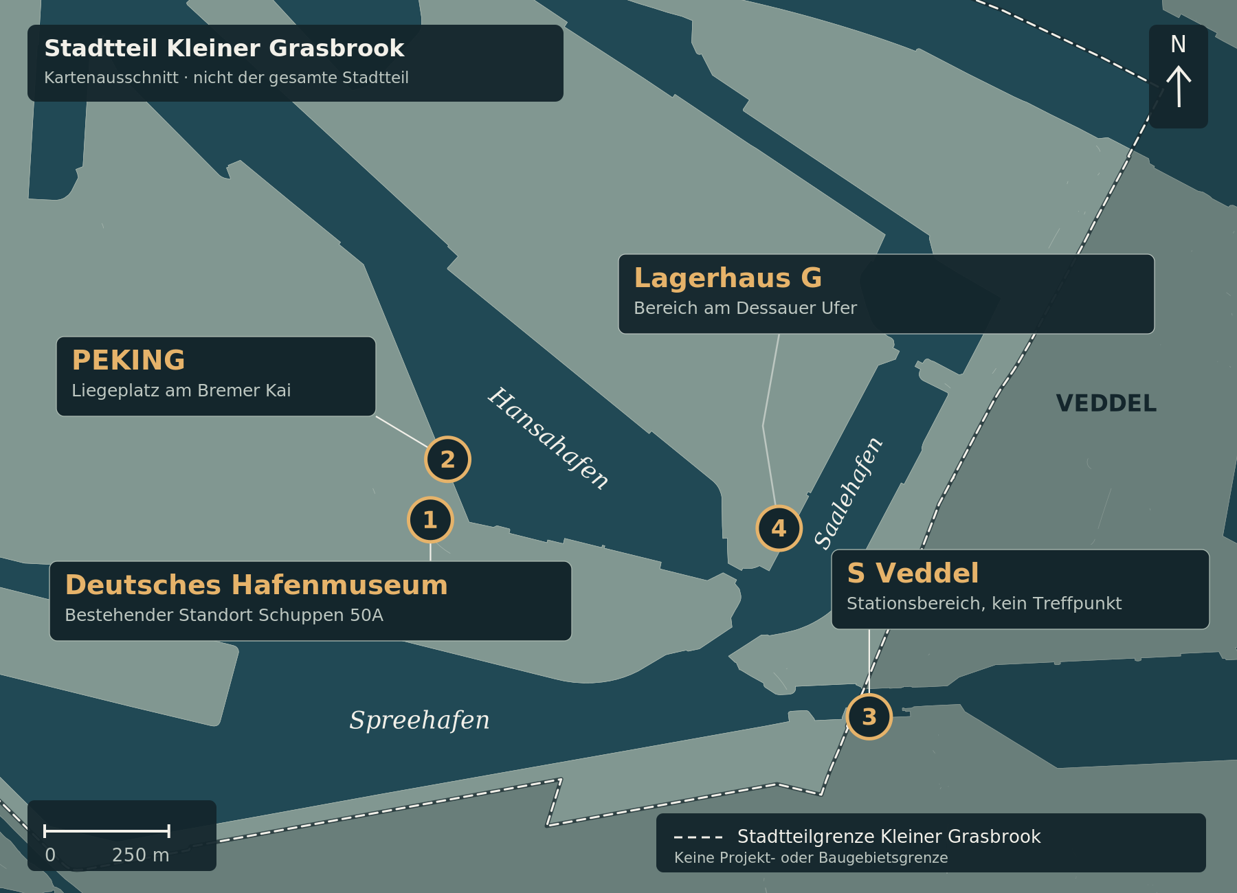 Karte mit Hafenmuseum (1), PEKING (2), S Veddel (3) und Lagerhaus G (4), Stadtteilgrenze und Gewässern. Keine Rundgangsroute oder genaue Treffpunktmarkierung.