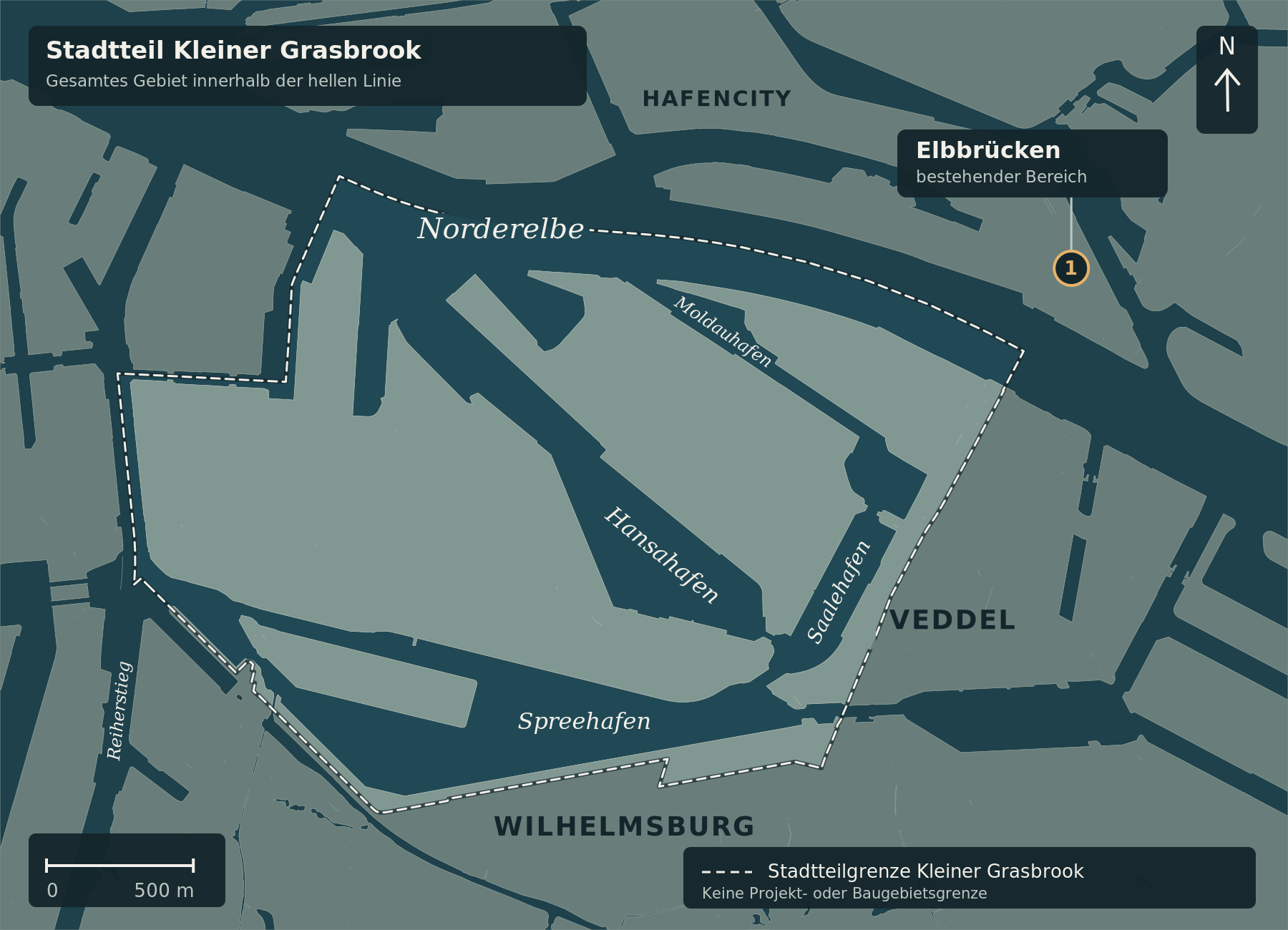 Nordorientierte Nachtatlas-Karte des gesamten Stadtteils Kleiner Grasbrook mit heller Verwaltungsgrenze und abgedunkelter Umgebung. Marker 1 kennzeichnet ungefähr den bestehenden Bereich Elbbrücken nördlich der Norderelbe. Moldauhafen ist beschriftet; keine geplante U4-Trasse oder Haltestelle eingezeichnet.