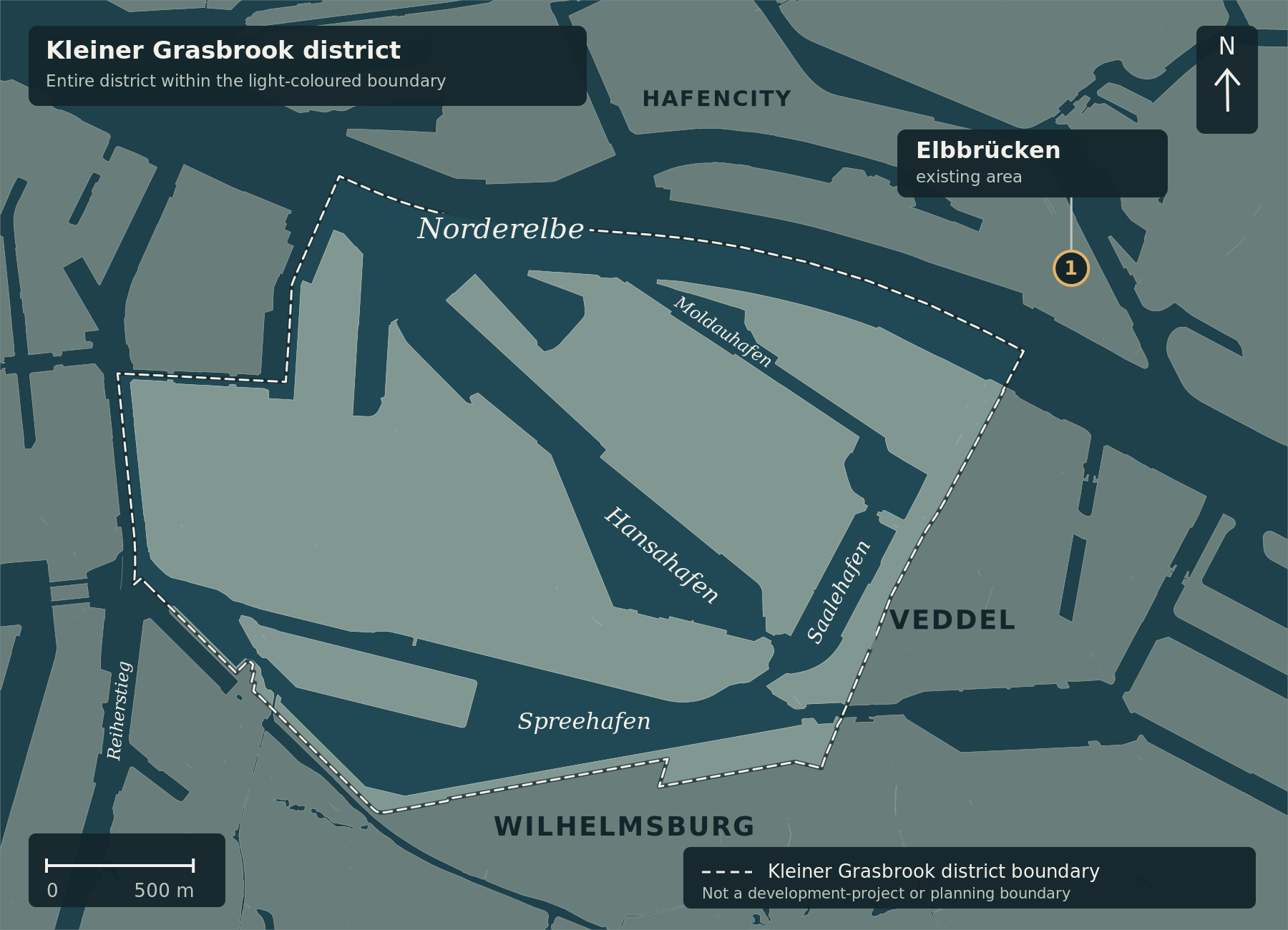North-up Nachtatlas map of the entire Kleiner Grasbrook district, outlined by a light administrative boundary, with the surroundings dimmed. Marker 1 approximately identifies the existing Elbbrücken area north of the Norderelbe. Moldauhafen is labelled; no planned U4 route or station is drawn.