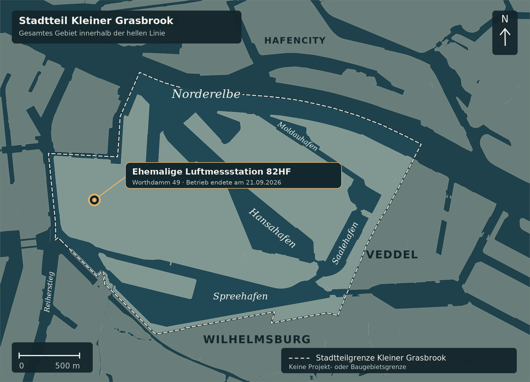 Nachtatlas-Karte des gesamten Stadtteils Kleiner Grasbrook mit amtlicher gestrichelter Stadtteilgrenze. Ein gelber Punkt markiert die ehemalige Luftmessstation 82HF am Worthdamm 49 anhand ihrer veröffentlichten Koordinaten. Keine Bau- oder Projektgrenze.